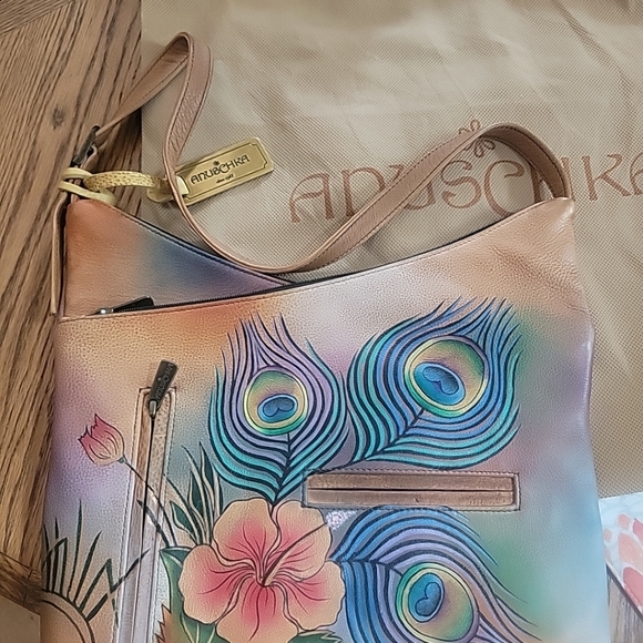 Anuschka Hand-Painted Shoulder Bag with Peacock Design NEW - Picture 10 of 14